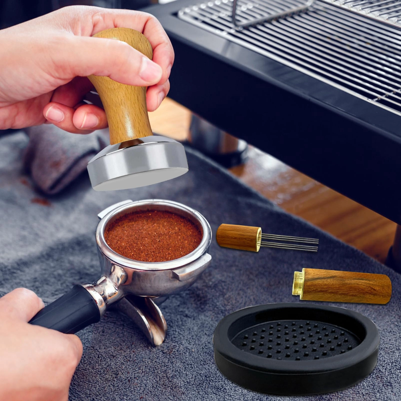 Espresso Tamper - 51mm + WDT Tool + Frothing Pitcher - 350ml + Latte Art Pen + Coffee Stirrer + Tamper Mat + Coffee Stencils - 16pcs