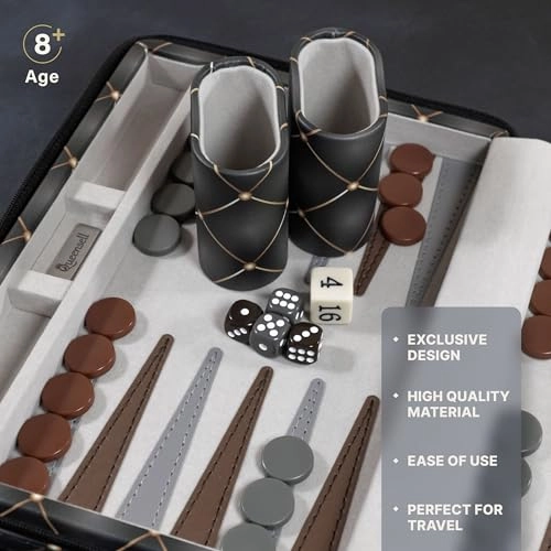 Magnetic Travel Backgammon Set - PU Leather 14" 32 Magnetic Pieces