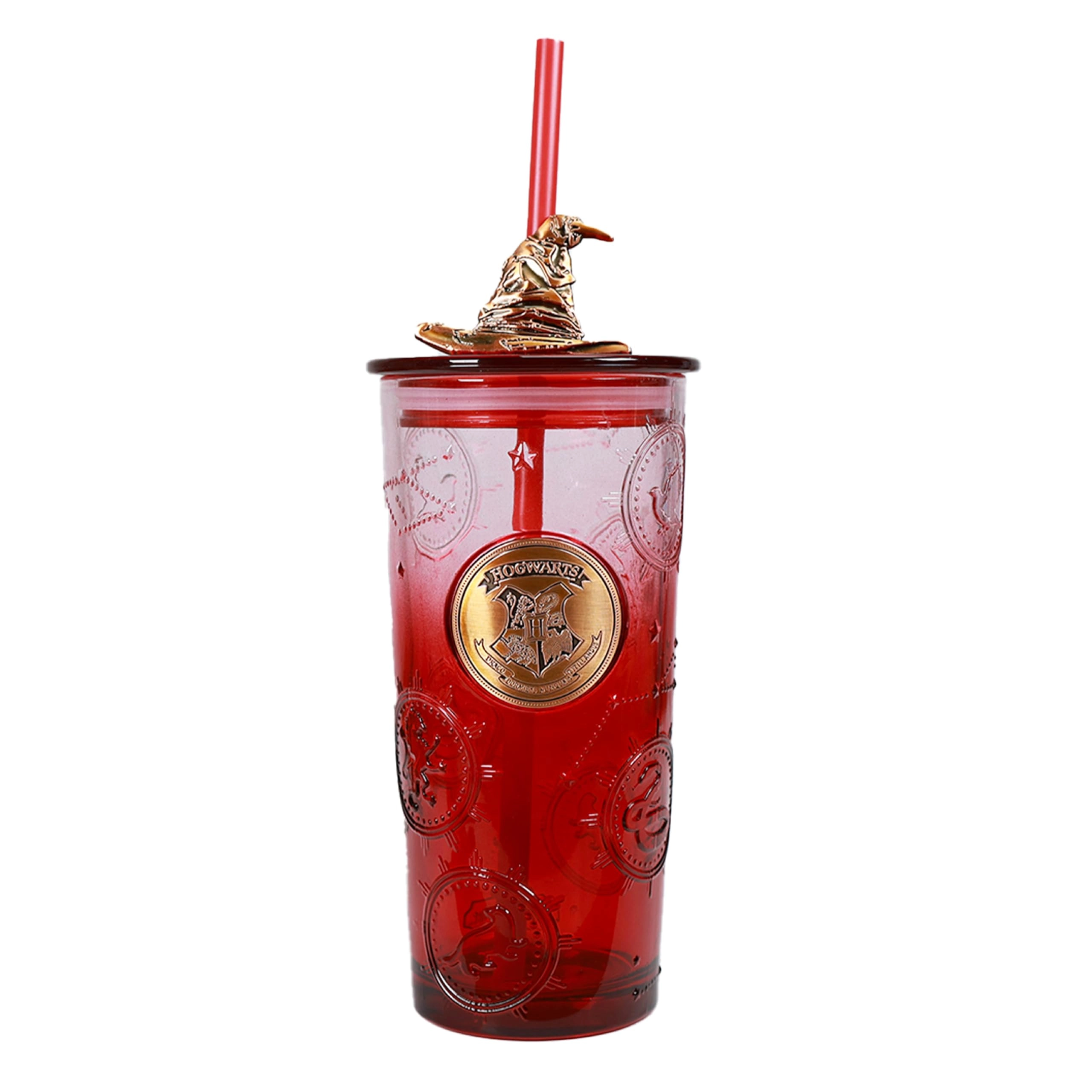 BLUE SKY STUDIOS Harry Potter Glass Tumbler - 1 pcs - Sorting Hat Lid & Straw Gold Hogwarts Emblem - 350 ml