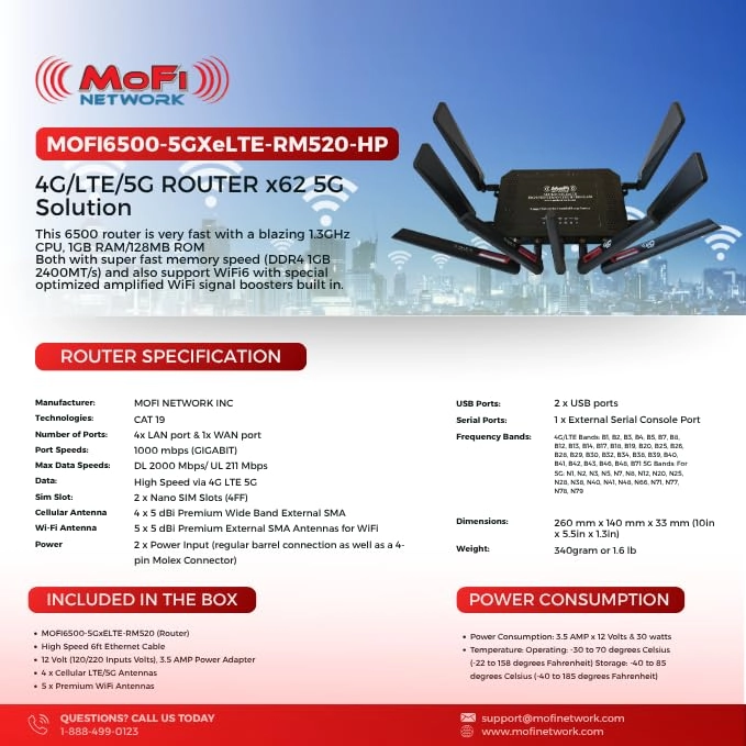 MOFI6500-5GXeLTE-RM520 - 4G LTE 5G Wi-Fi 6 2Gbps