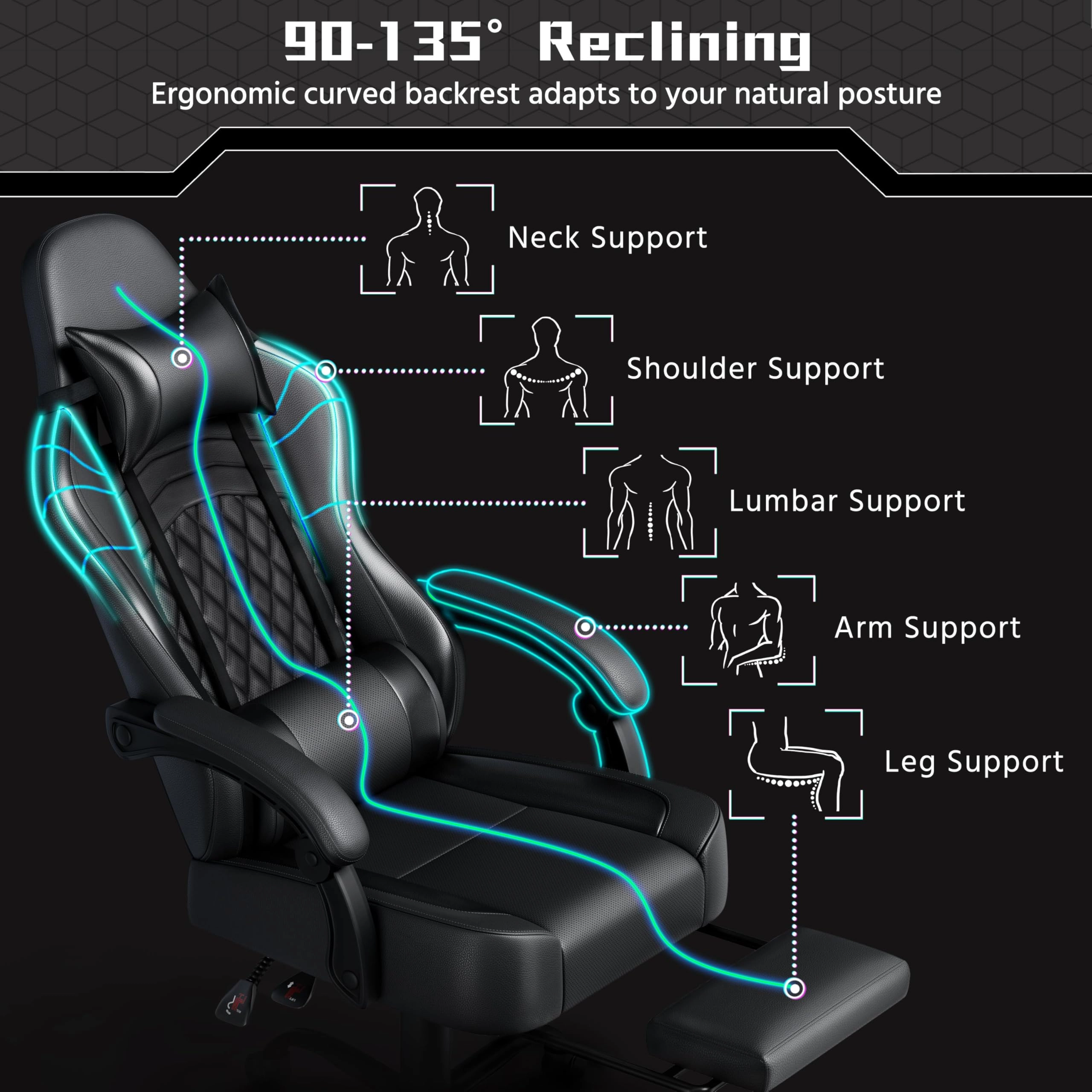 Gaming Chair - Black/Blue Massage Lumbar Pillow