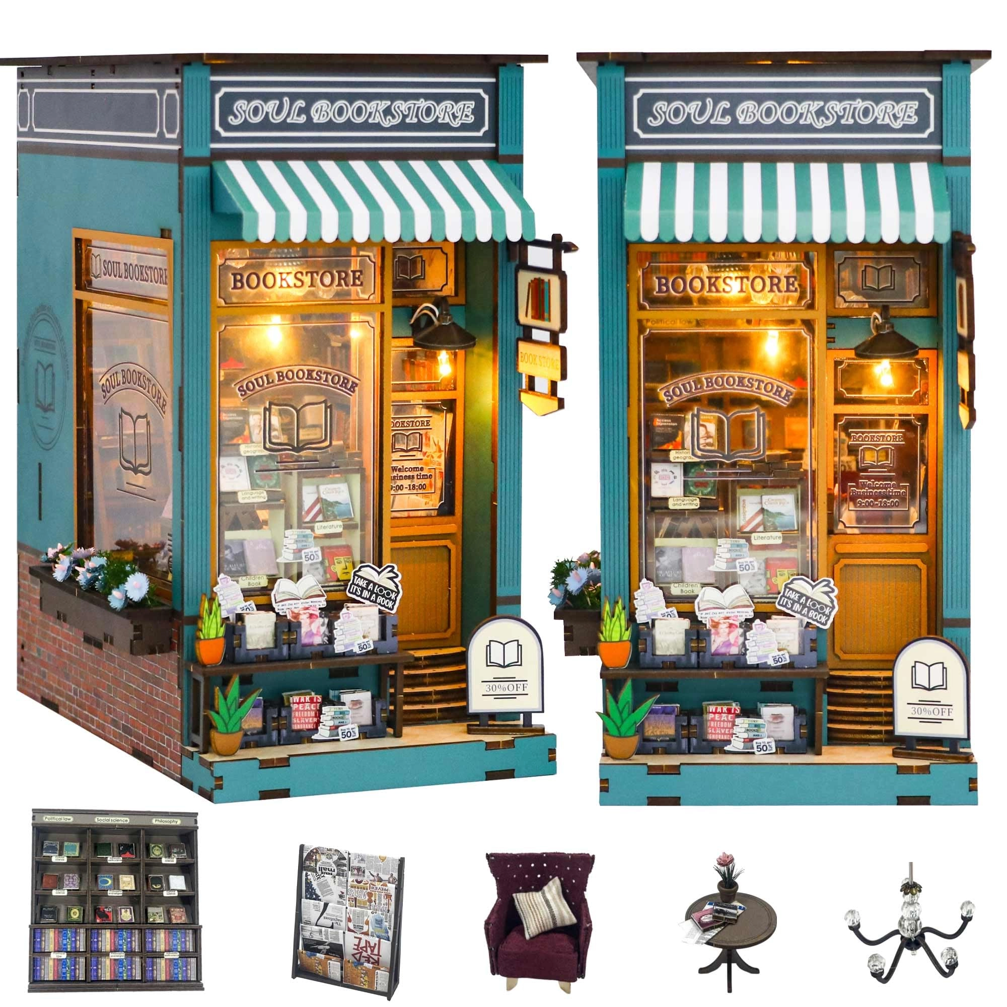 Flever Book Nook Miniature Kit - Soul Bookstore 1:12