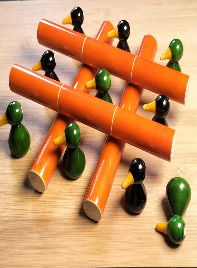 CHANNAPATNA TOYS Tic Tac Toe - Wooden Traditional Orange and Green Duck Pieces