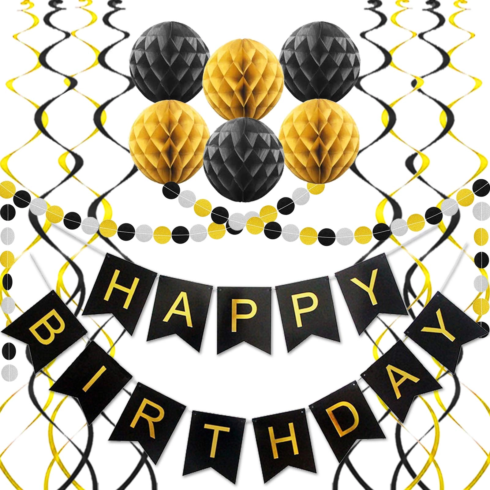 allfun happy birthday banner + paper honeycomb balls + colorful circle paper garland + metallic hanging swirls