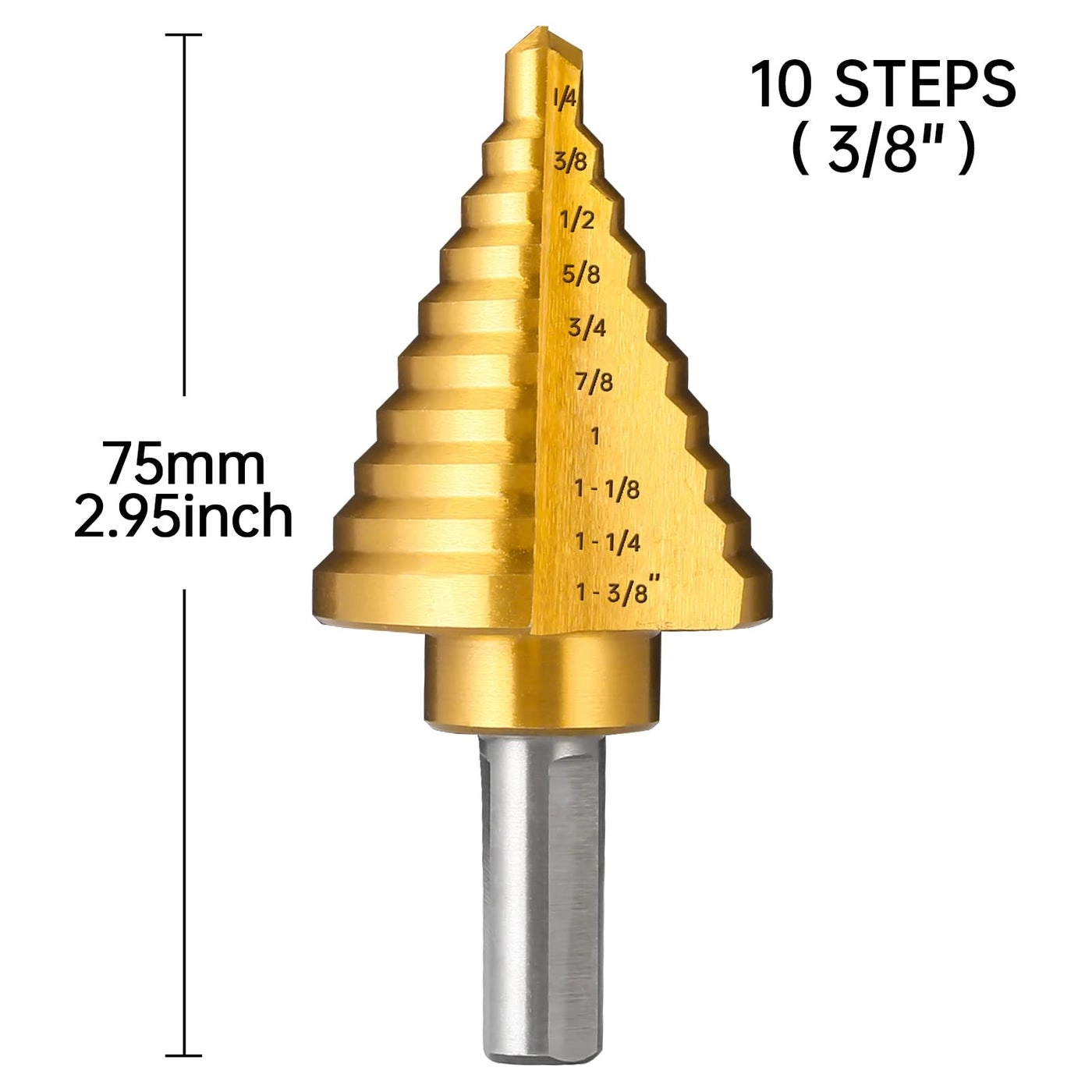 Titanium Step Drill Bit - HSS Titanium Coating 1/4"" to 1-3/8""