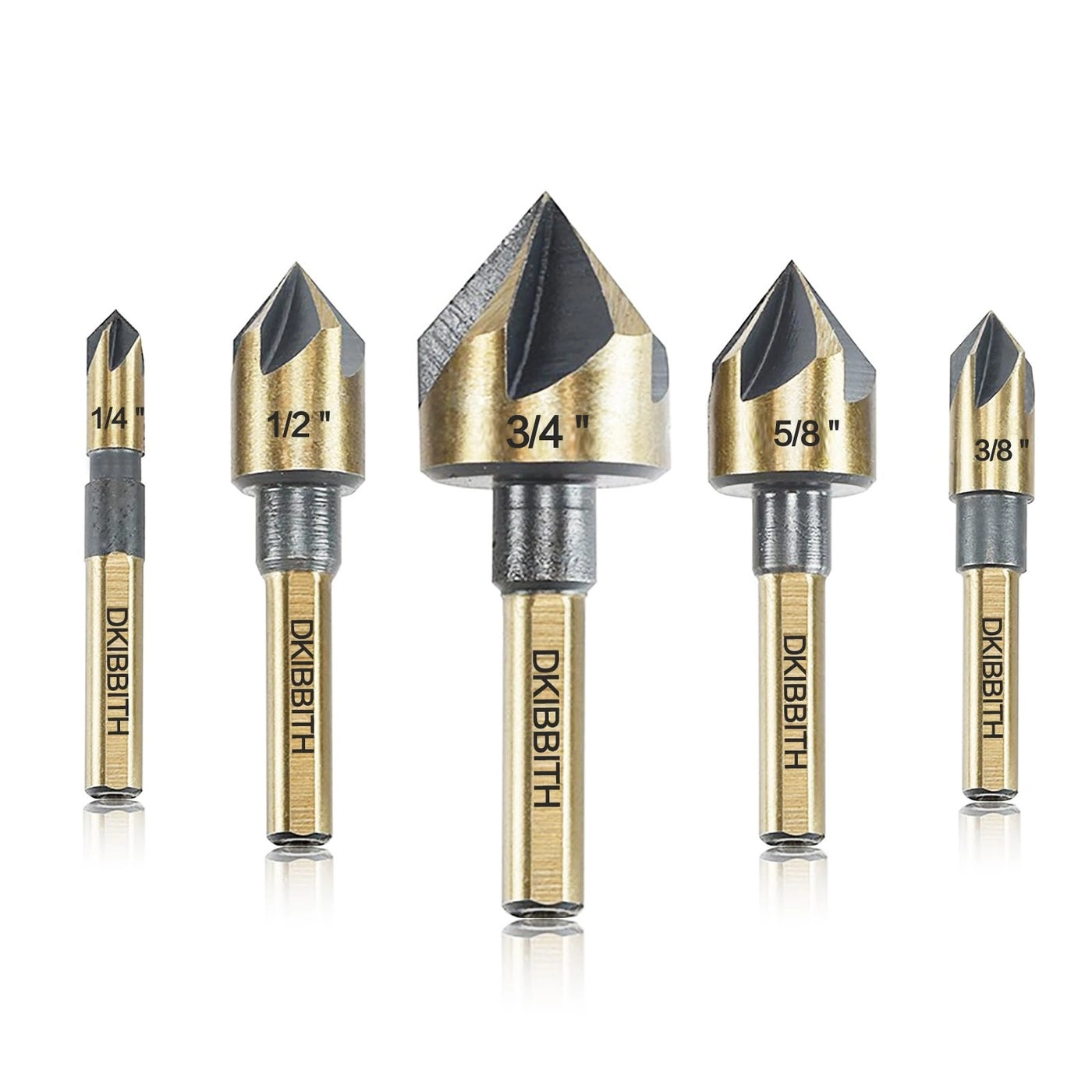 DKIBBITH Countersink Drill Bit Set - M2 HSS 5-Piece 1/4” 3/8” 1/2” 5/8” 3/4”
