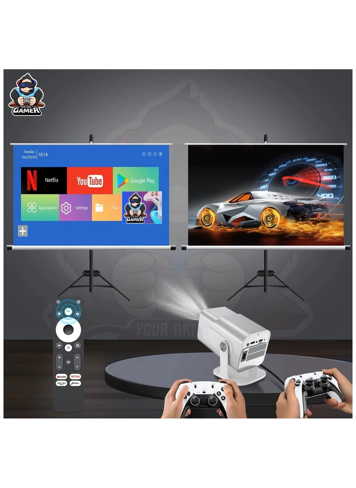 HCS350 Pro Android 11 Gaming Projector 64GB TF Card Wireless Gaming Controller Dual WIFI1920*1080P Home Theater Portable Projector (Hcs350pro White)