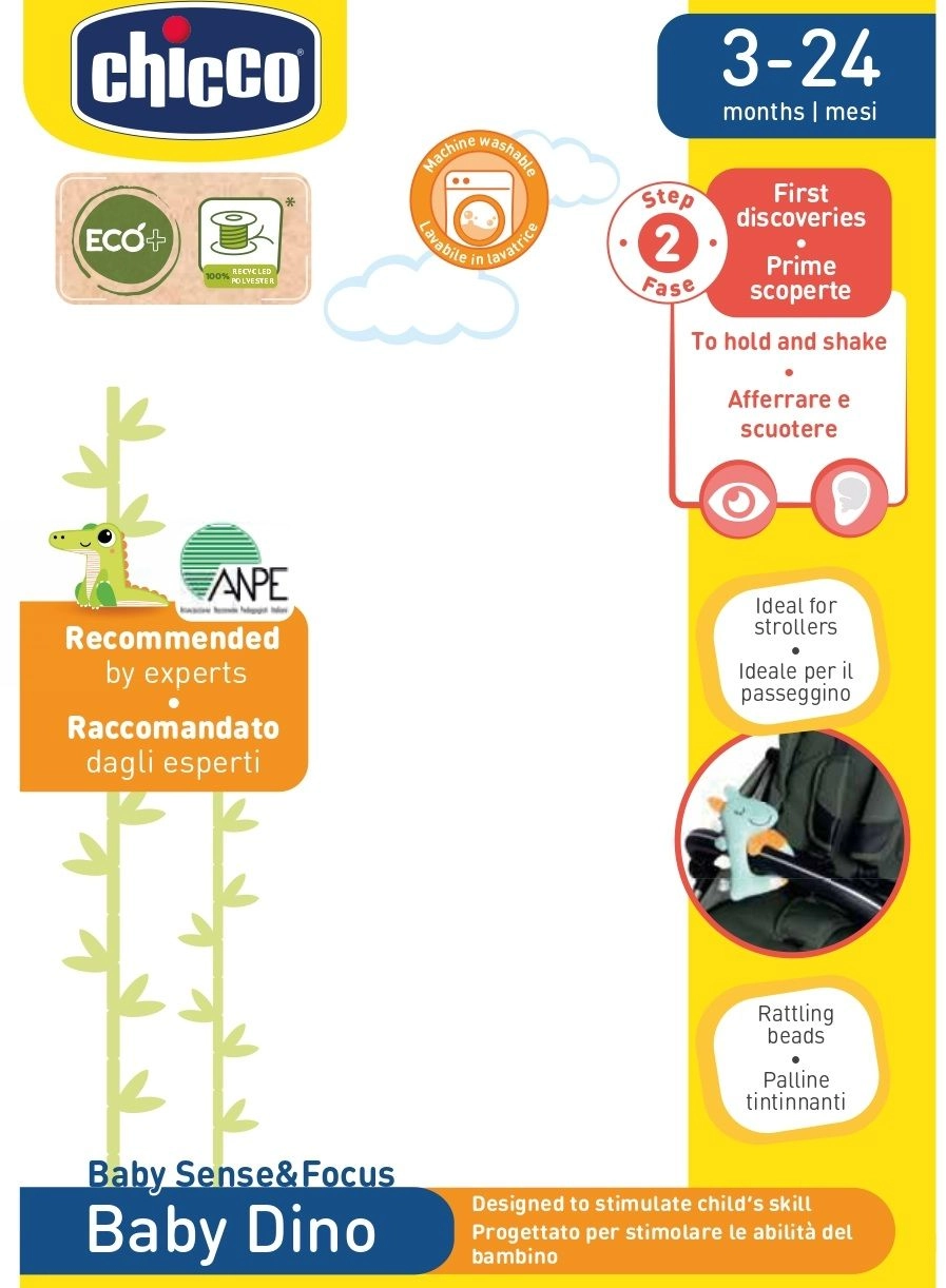 Baby Dino Rattle Toy - Suitable for 3 to 24 months 100% recycled polyester