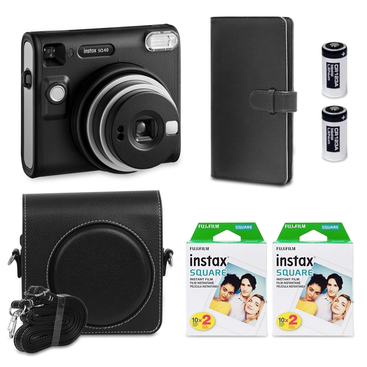 Fujifilm Instax Square SQ40 - Vintage Black + Instax Film Value Pack - 40 Sheets + Shutter Accessories - Photo Album 80 Pockets