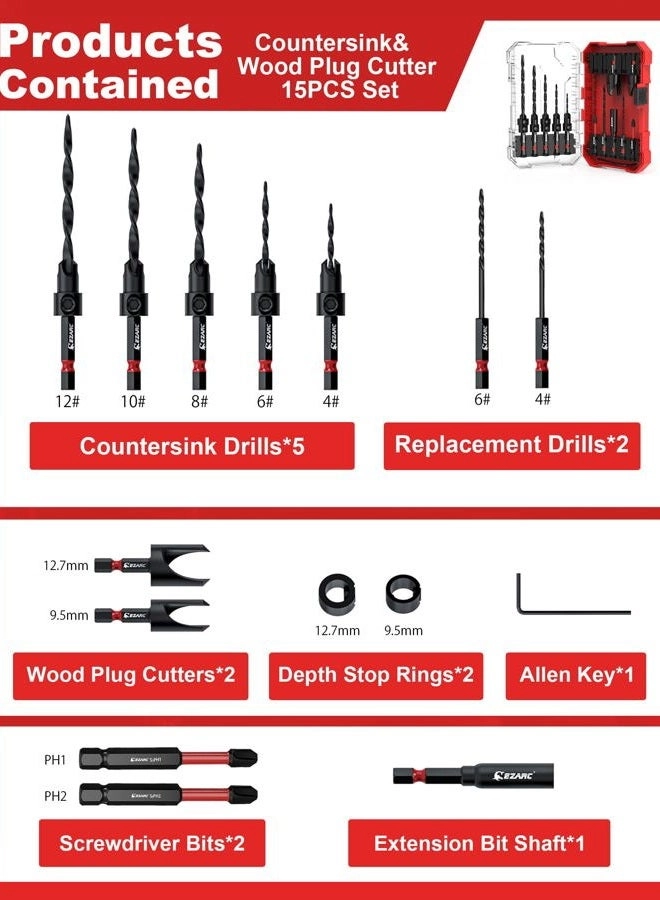 Countersink Drill Bit Set - 15PC With Wood Plug Cutter