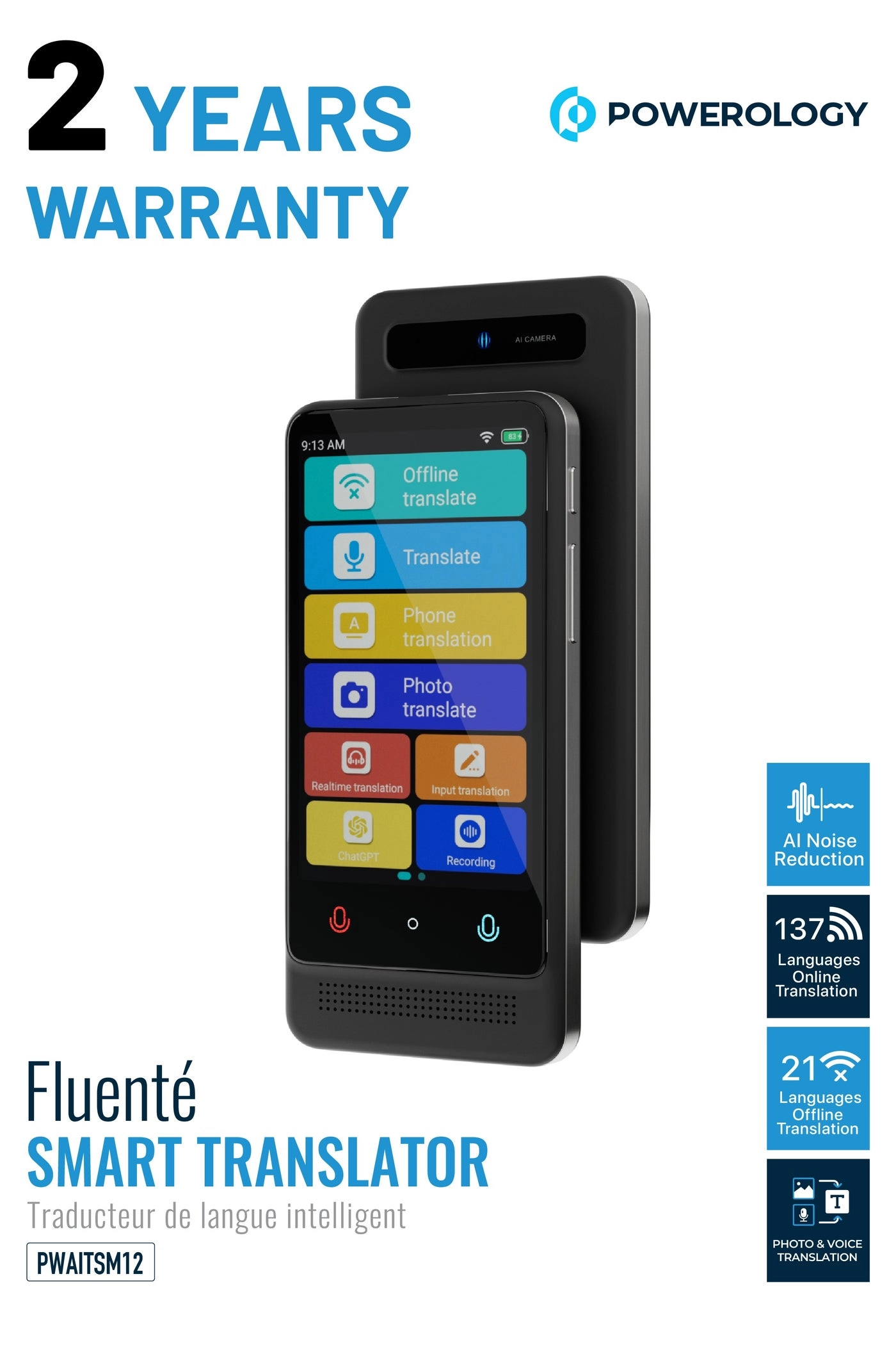 Powerology Fluente Smart Translator - 21 Languages Offline 137 Languages Online 16GB