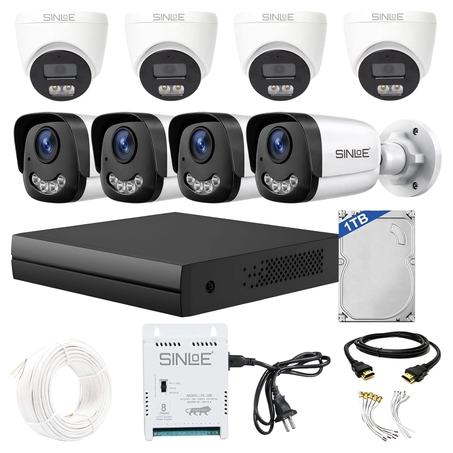 SINLOE DVR - 8 Channel + Bullet Camera + Dome Camera + Hard Drive - 1 TB