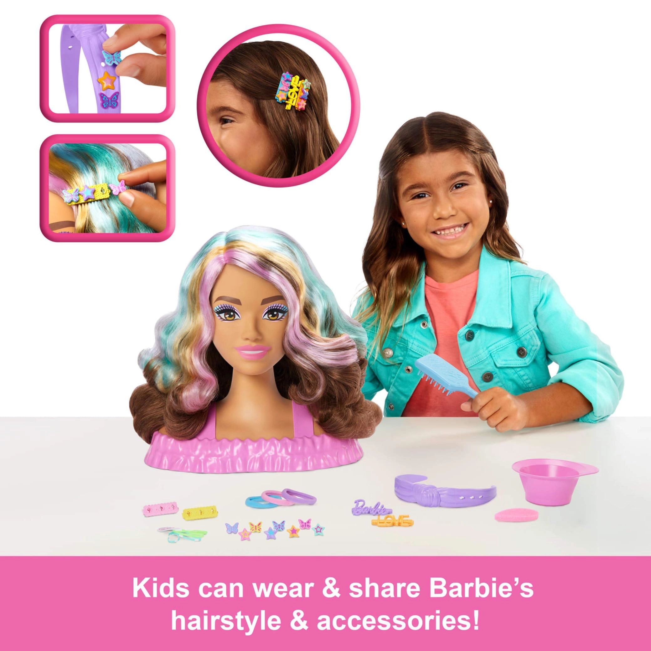 Doll Styling Head - Dark Brown Hair 20+ Hair Styling Accessories Ages 3+