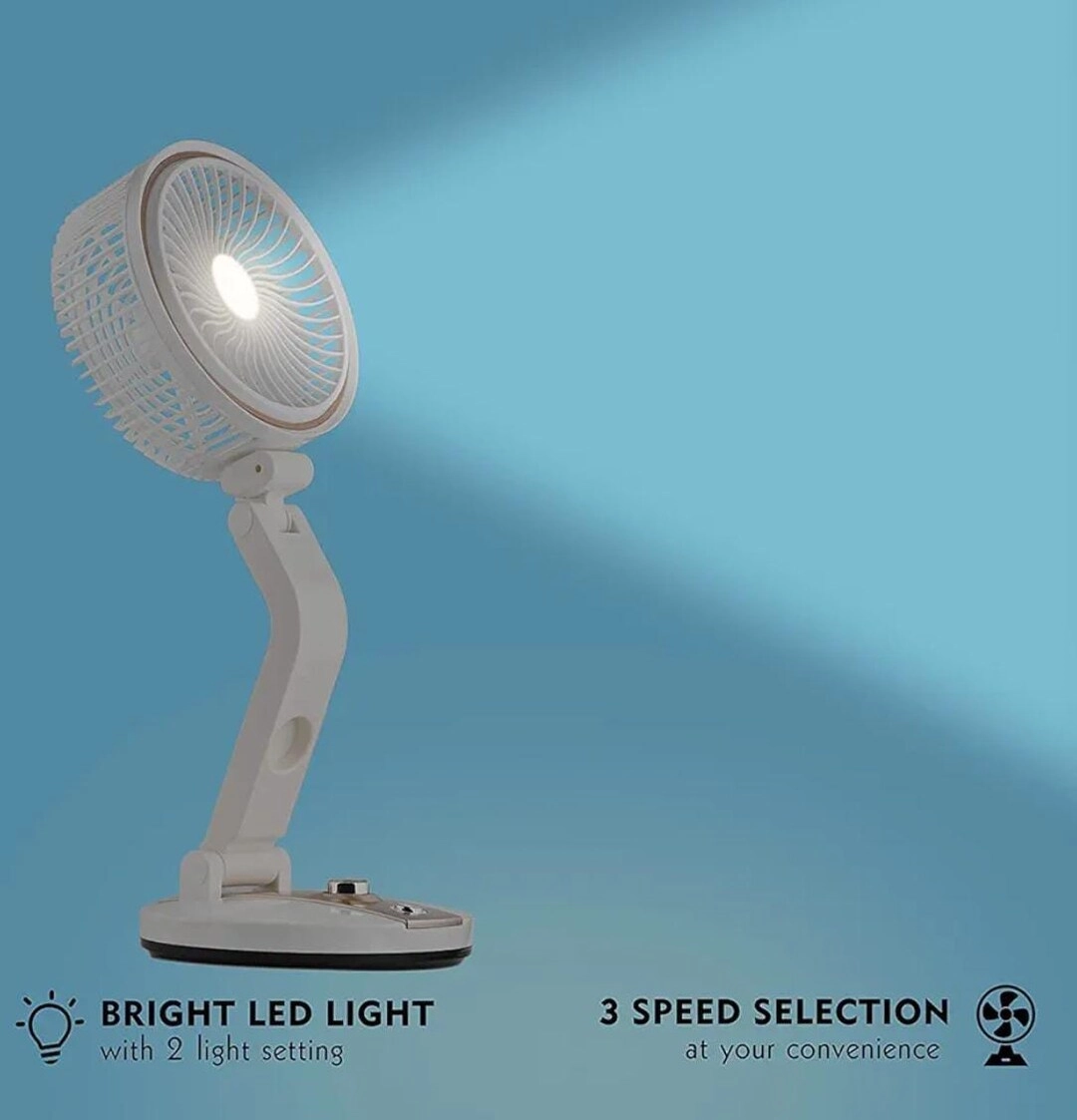 Portable Rechargeable Fan with LED Light - 3 Speed 8 Hours 180° Rotating