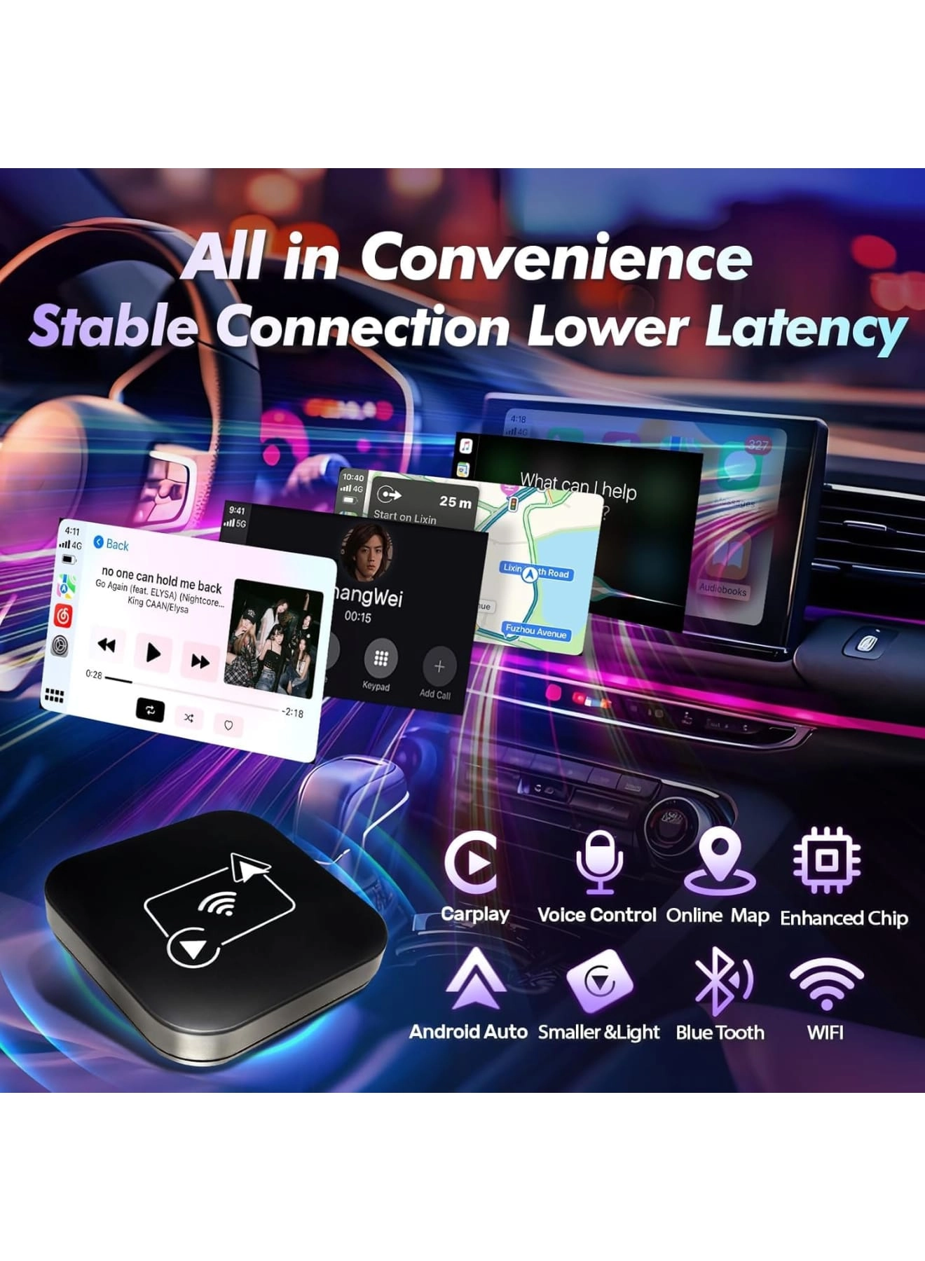 Wireless CarPlay Adapter - 2-in-1 Mini Plug and Play Low Latency