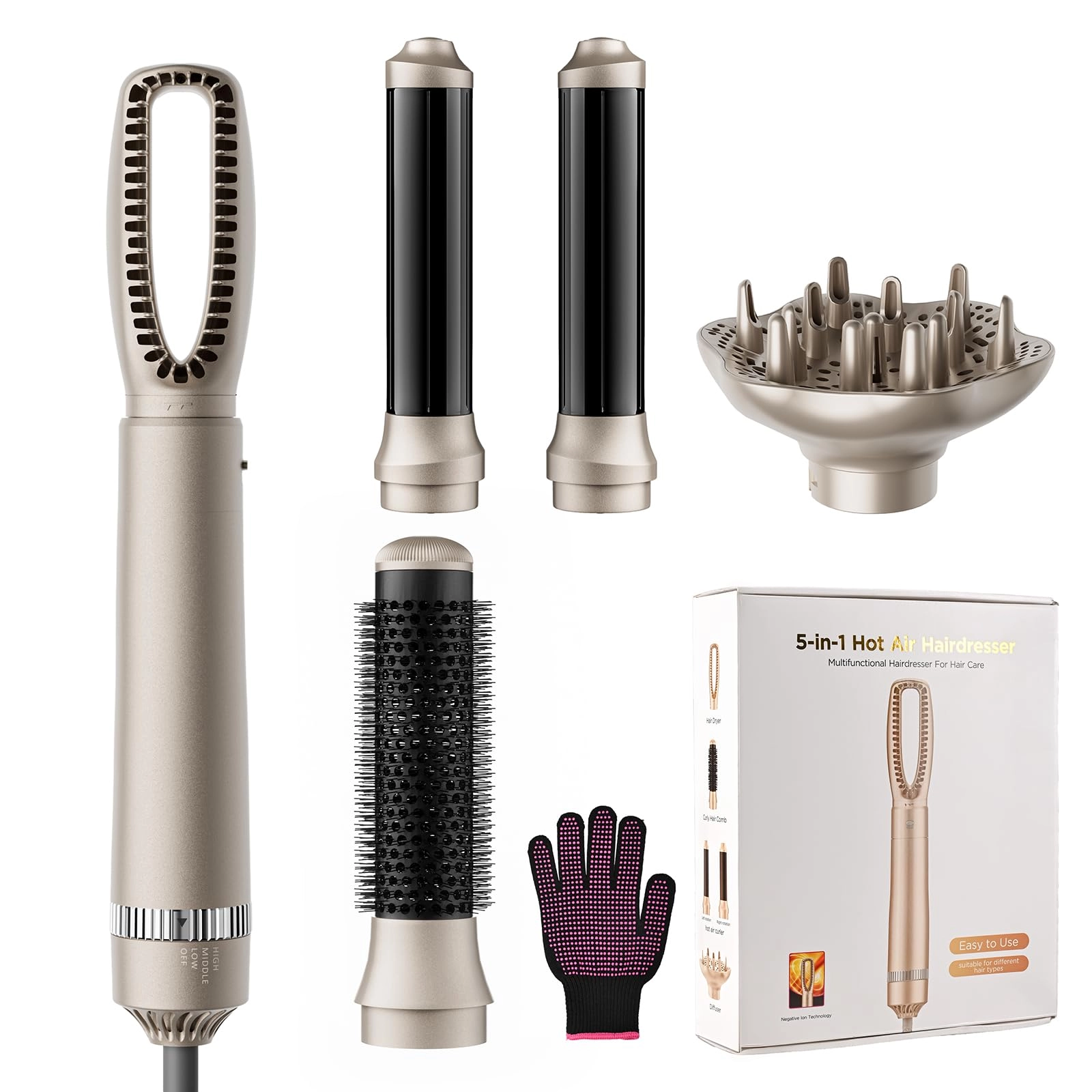 bo'laiya 5-in-1 Hot-Air Brushes - Detachable & Interchangeable Negative Ionic Technology