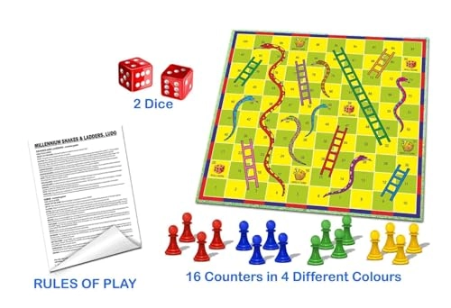 Millennium Ludo and Snakes & Ladders - Double-sided play board 16 Play Pieces