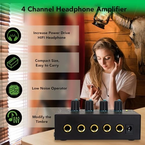 4 Channel Headphone Amplifier - Mini Metal 6.35mm Output 7 Color Breathing Light