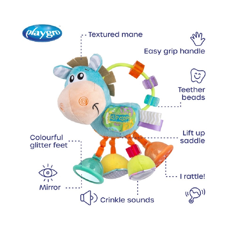 Clip Clop - 3 months & above Polyester, ABS, Cellophane, PETG, PP