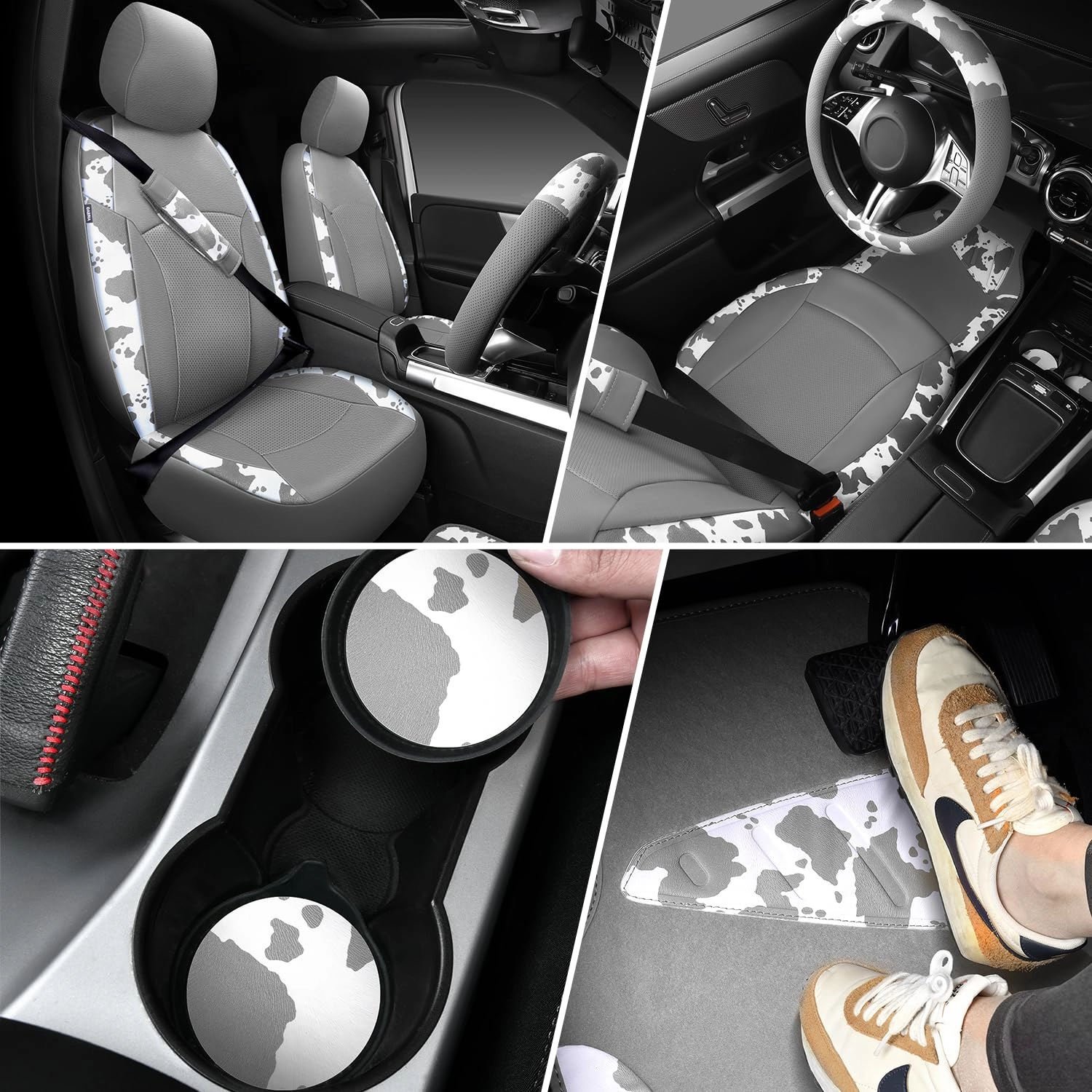 Car Seat Covers - Air Mesh Leather + Car Floor Mats - Waterproof + Steering Wheel Cover - Sporty