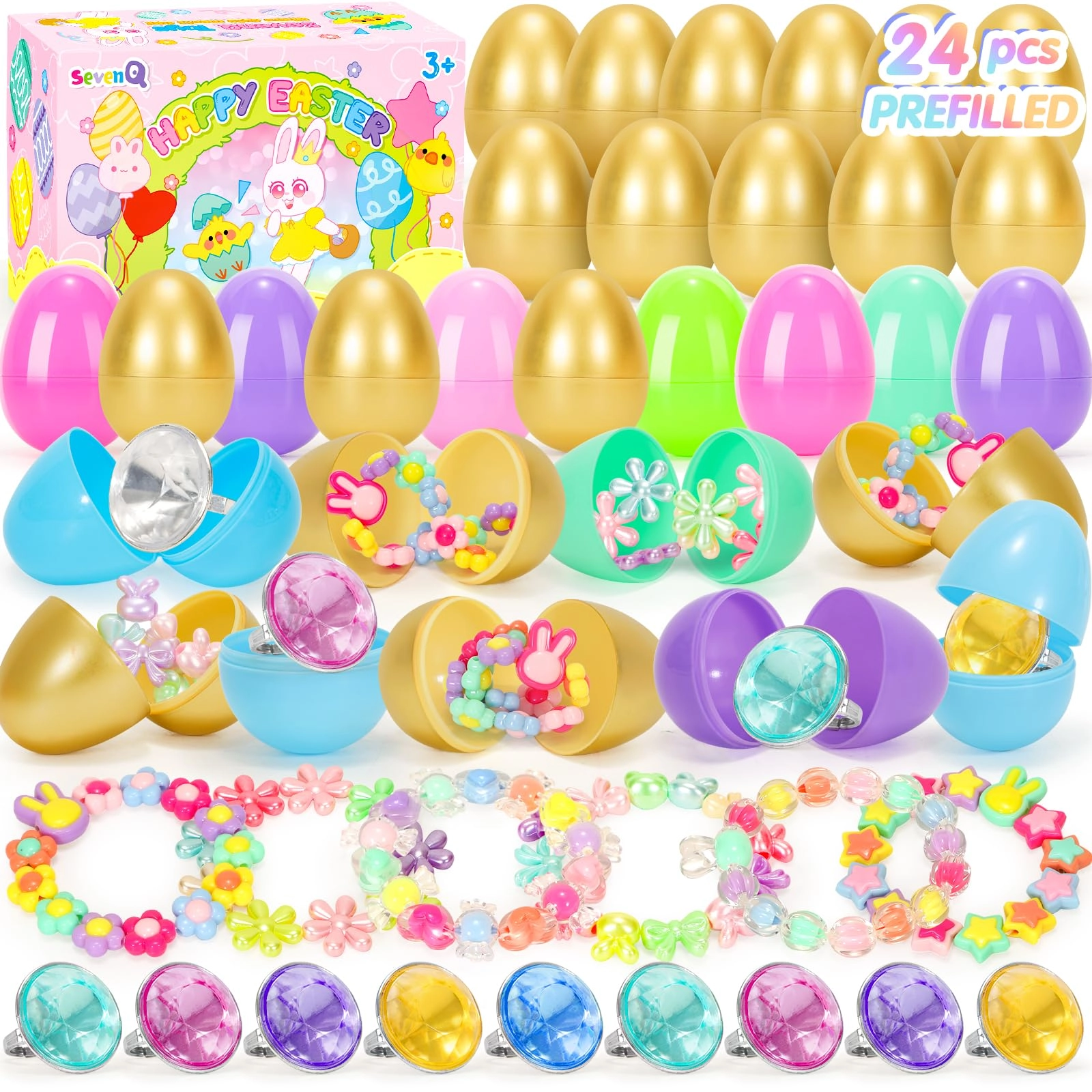 SevenQ Prefilled Easter Eggs Princess - 24 Pack Bracelets Rings