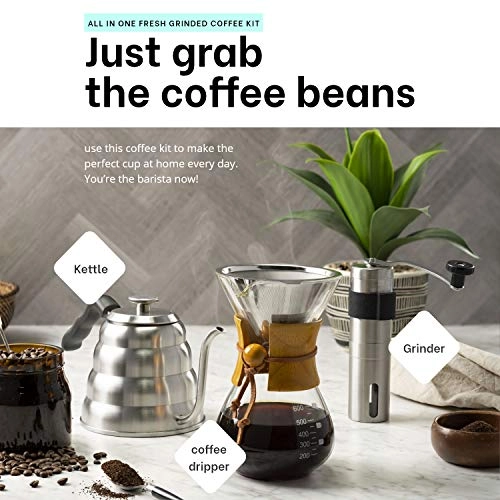 Gooseneck Kettle - Thermometer + Coffee Mill Grinder - Integrated Grinder + Paperless Glass Coffee Brewer