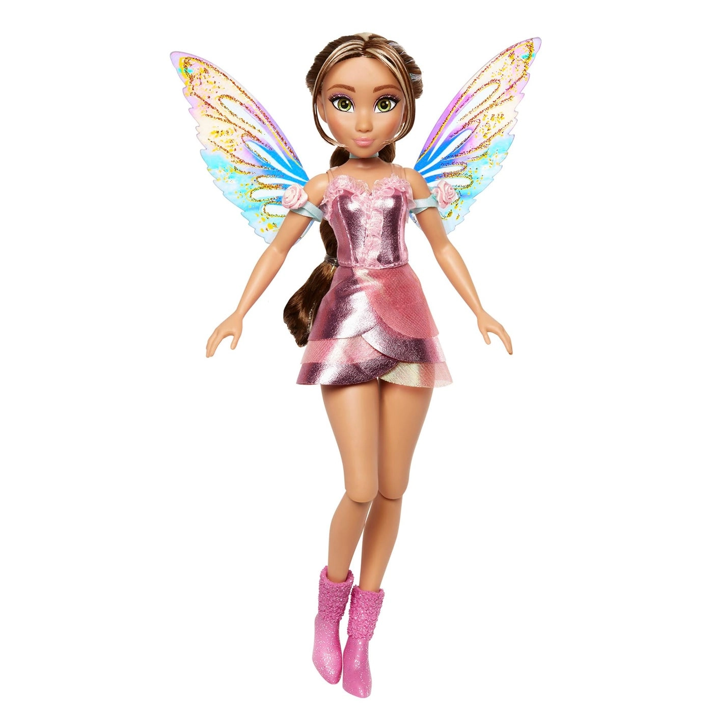 Flora Fairy Doll - Full-size Plastic Long Brown Braided Hair Shimmery Pink Dress Ages 4+