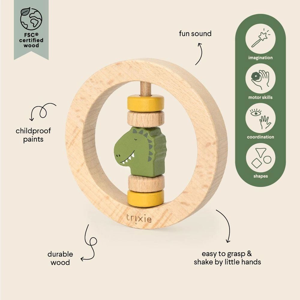 Wooden Round Rattle - 6 month(s) FSC-certified beech wood Mr. Dino