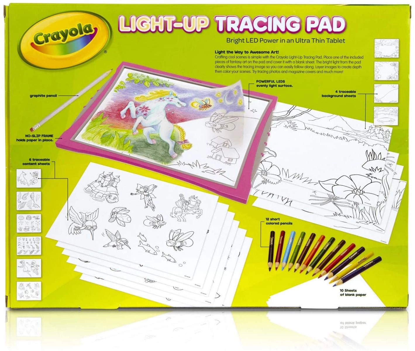 Lightup Tracing Pad - 1 Tracing Pad 30+ Art Tools 12 Short Colored Pencils 1 Graphite Pencil 10 Tracing Sheets 10 Blank Sheets