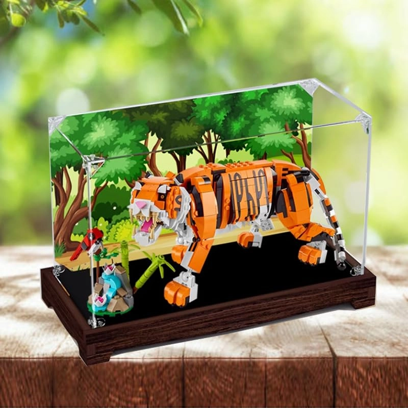 Display Case for Lego Creator 31129 - 14.56x6.29x8.66in. Acrylic Walnut Bottom+background