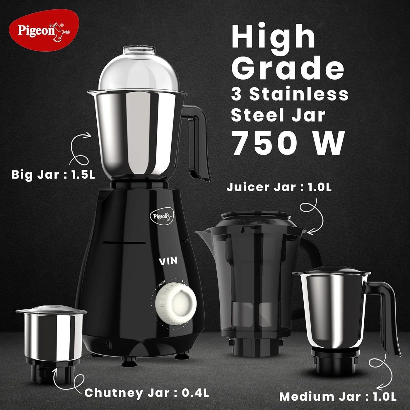 VIN Mixer Grinder - 4 MultiPurpose Jars 750 Watts