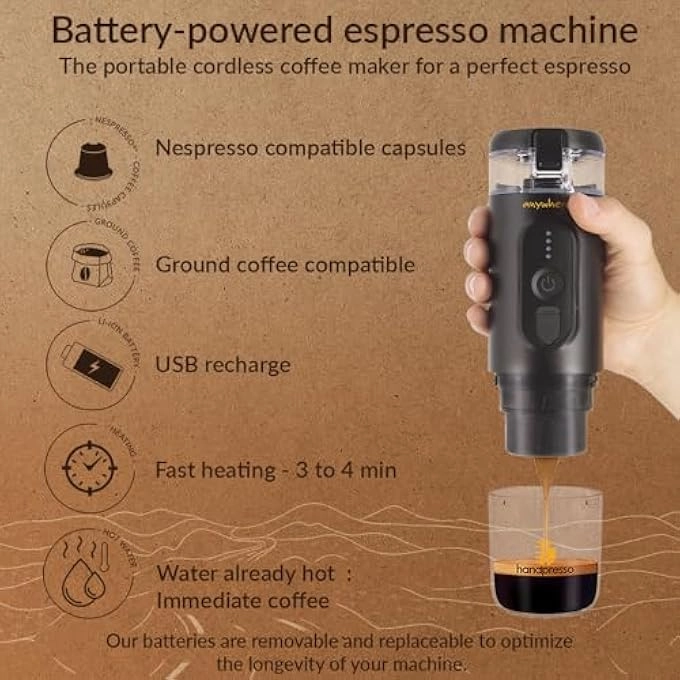 Portable Espresso Machine - 60 Milliliters Espresso Capsules or Ground Coffee