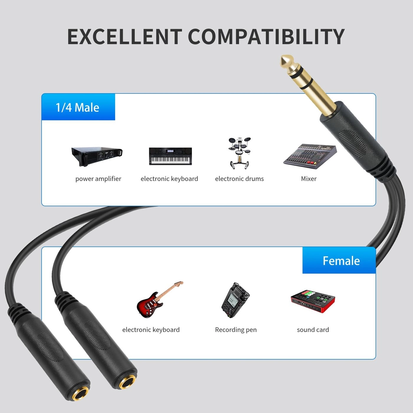 6.35mm 1/4 inch Male Plug Stereo to 2 Dual 1/4 "TRS Female Jack Connector Audio Speaker Cable, Y Splitter Adapter Cable - 20CM / 8Inch