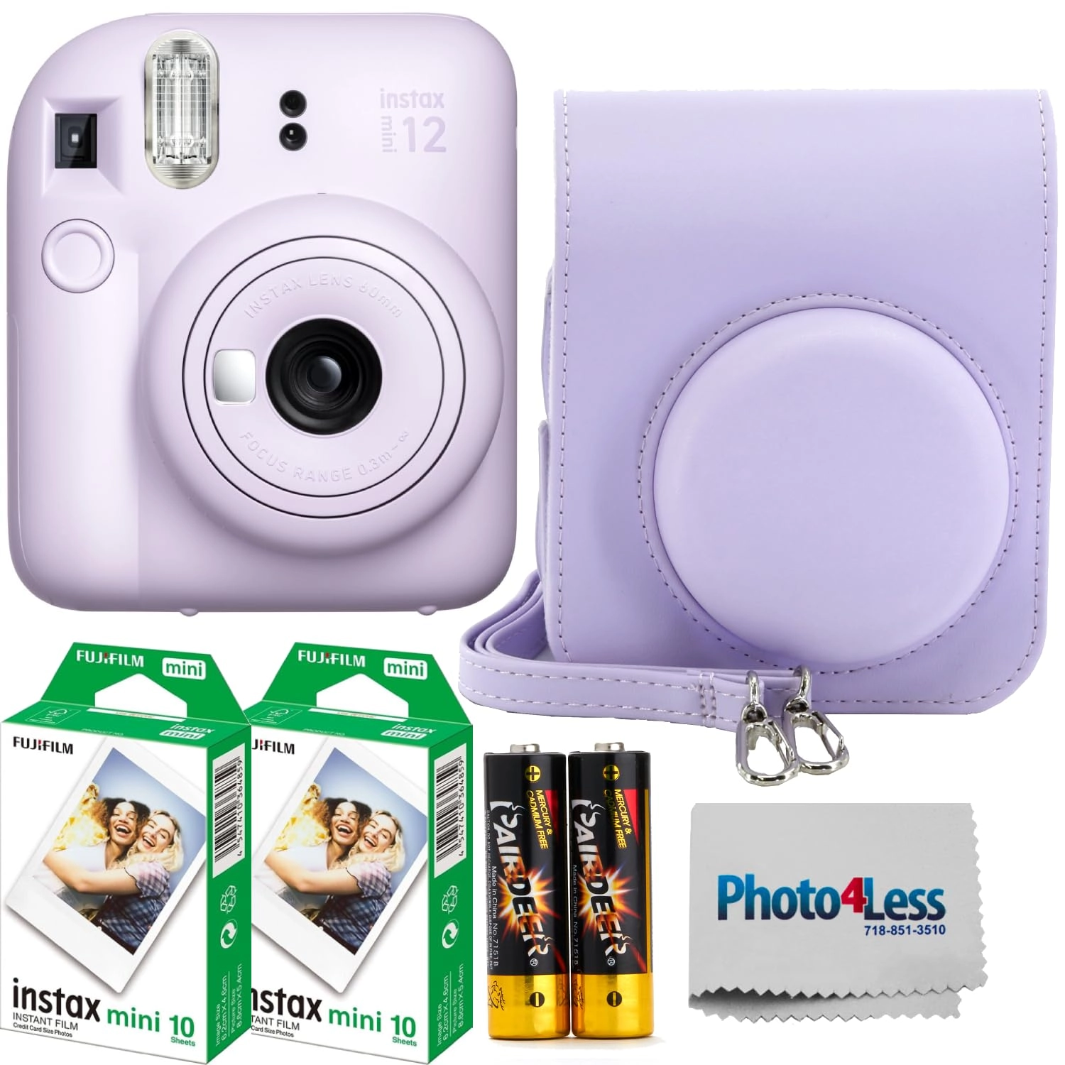 INSTAX MINI 12 - Clay White + INSTAX Mini Instant Film - 20 Exposures + Camera Case w/ Carrying Strap + PhotoBook Album + Color Lens Set (4 Colors) + Creative Frame Set (5pcs) + Wall Decor Hanging Frame (10pcs) + Sticker Borders (20pcs) + AA Longlife Batteries - 4 Pack + Microfiber Cleaning Cloth