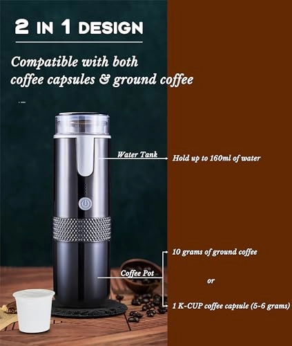Portable Machine - 1200mAh Rechargeable Compatible with Capsules and Ground Coffee