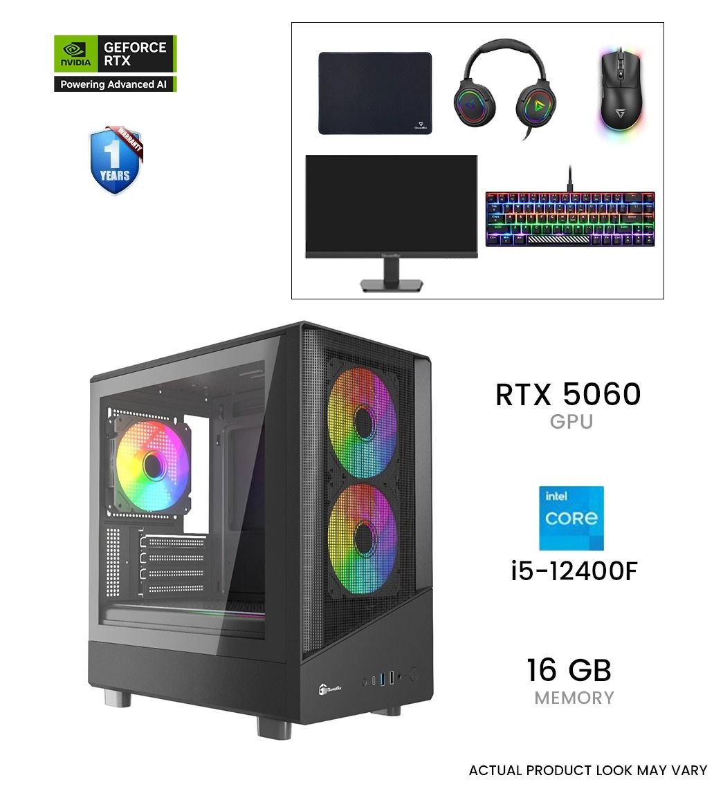 Generic Ion Black Gaming PC - RTX 5060 8GB i5-12400F 16GB 500GB + Reaper 24" FHD 240Hz Gaming Monitor + Alpha Pack - Keyboard Mouse Mousepad