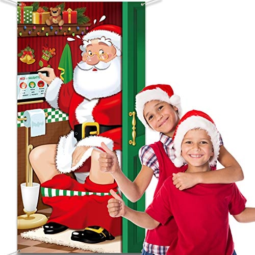 Christmas Santa Restroom Door Cover - Polyester Fabric 70.9 x 35.4 Inch
