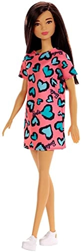 Barbie Doll - Brunette Pink and Blue Heart-Print Dress Platform Sneakers Ages 3+