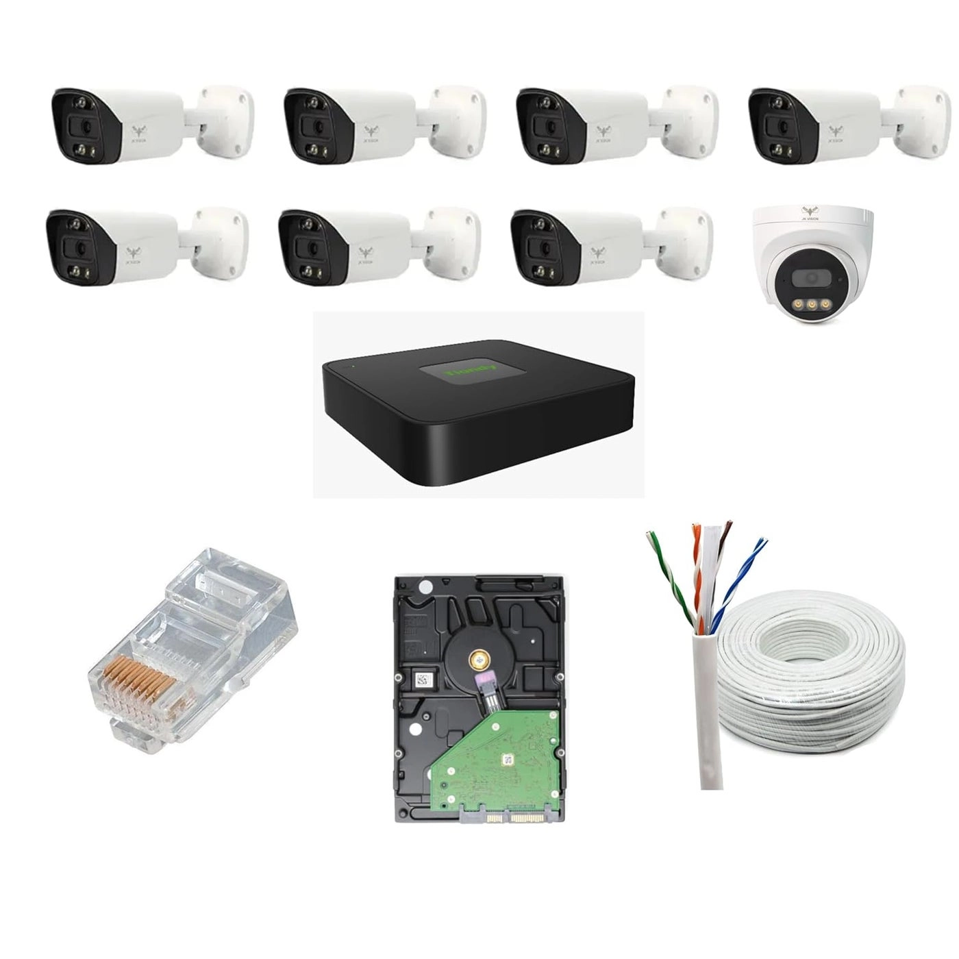 Bullet Camera - 5MP + Dome Camera + NVR - 8 channels + Hard Disk - 2000 gigabyte + Cat6 Cable + RJ45 Connector