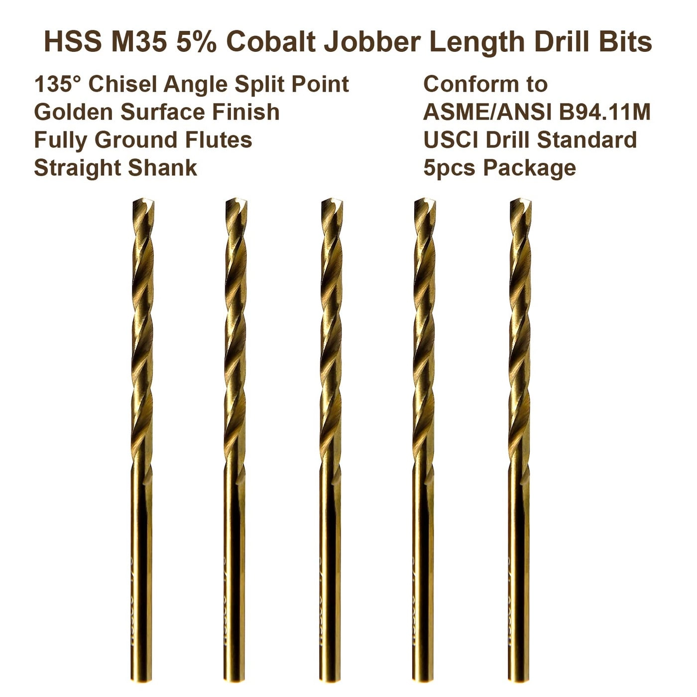 Jobber Length Drills - HSS M35 Cobalt 5pcs Dia 0.1495"