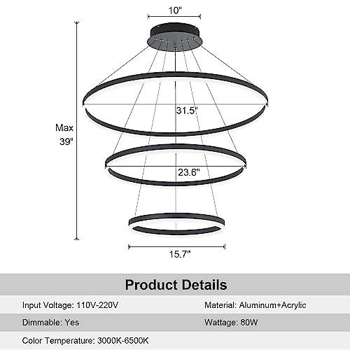 3 Rings LED Chandelier - 39.4 inches
