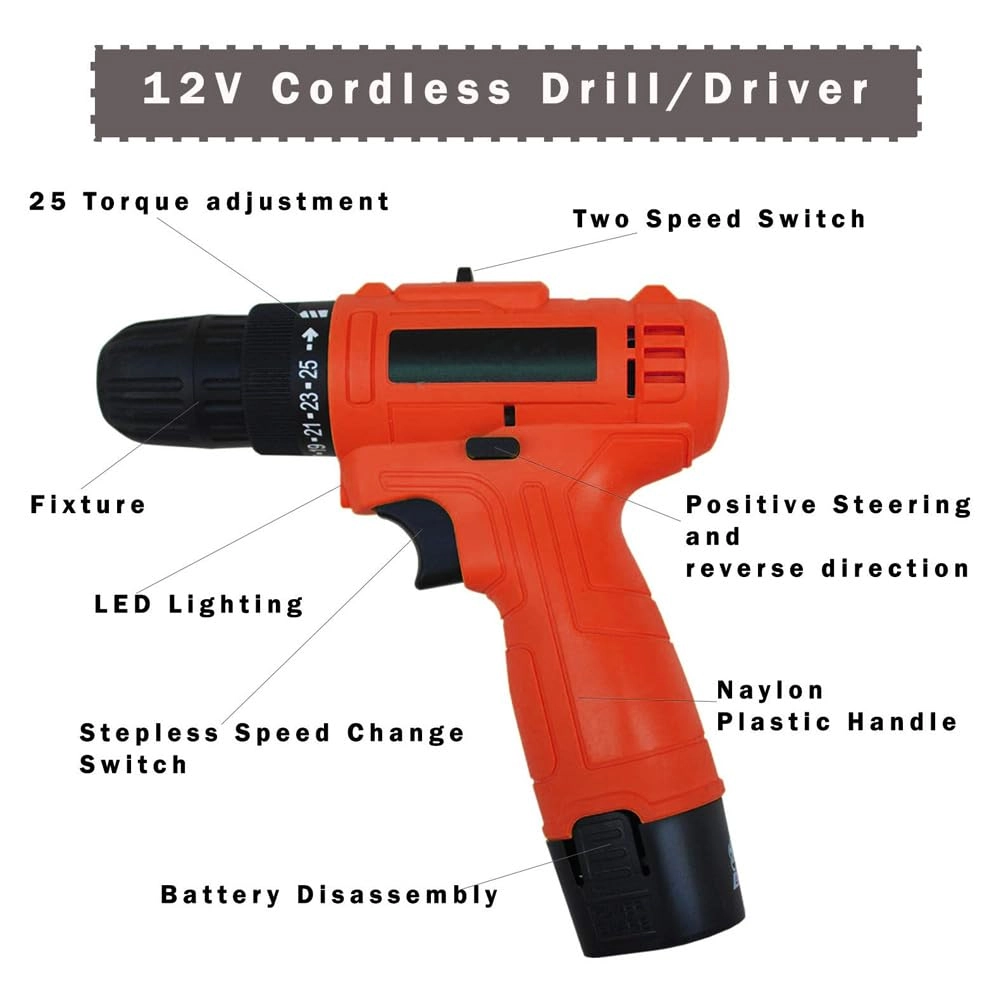 Cordless Screwdriver drill machine - 12V 0-10mm + 1200 mAh Battery + Charging Adapter + Polishing Pad kit - 5 inch