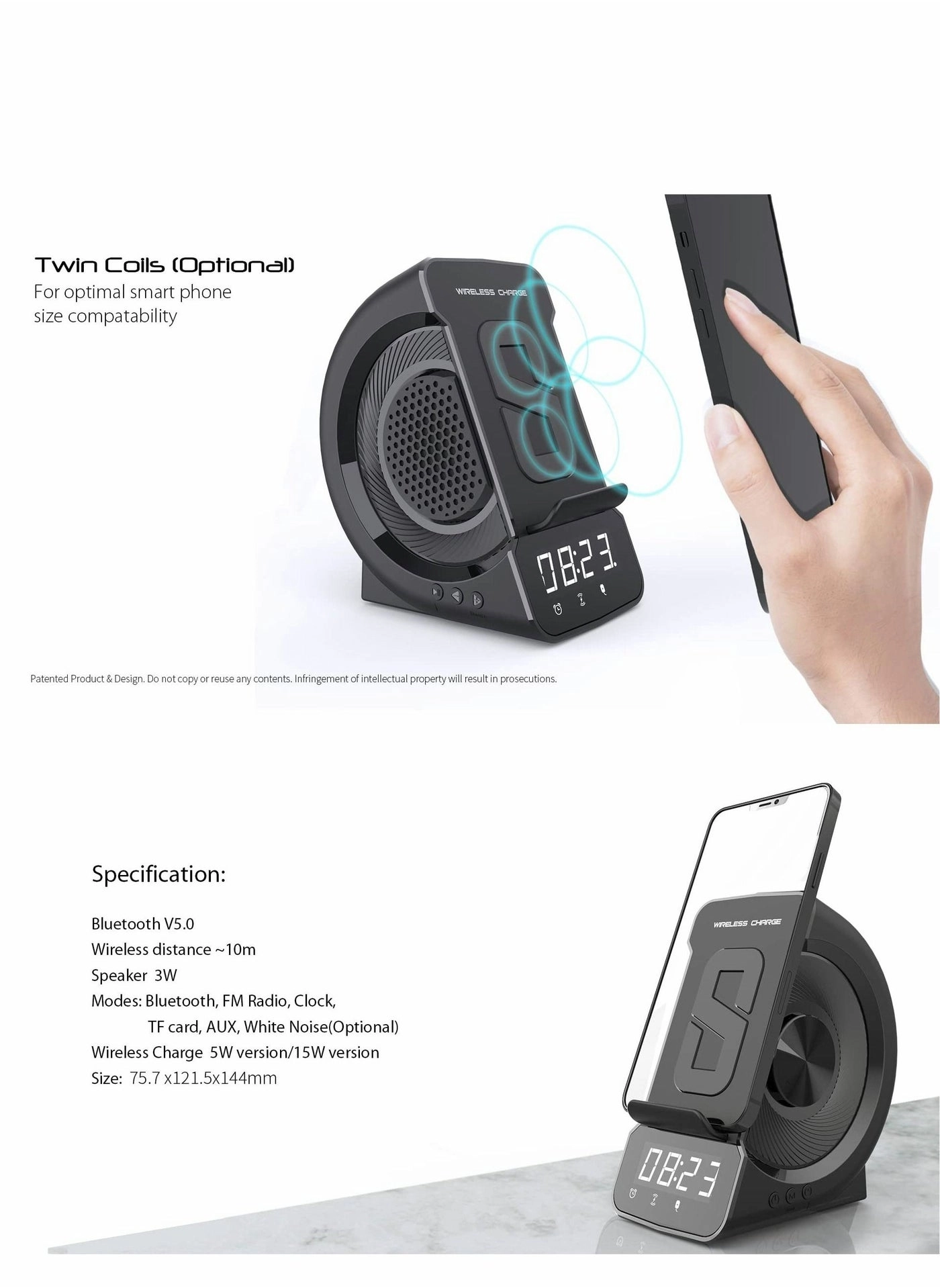 Bluetooth Speaker - Wireless Charger Stand Alarm Clock FM Radio