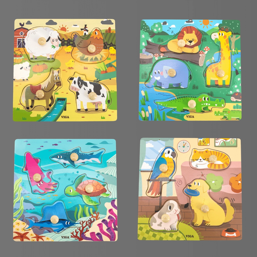 Wooden Knob Puzzle - Wild Animals - Suitable for 12 months and above 4 pieces