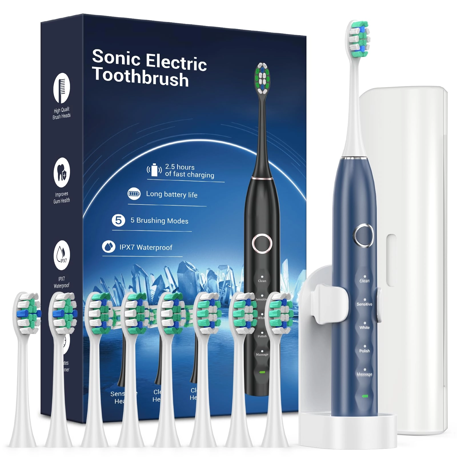 Sonic Electric Toothbrush - 8 Heads Travel Case Light Blue