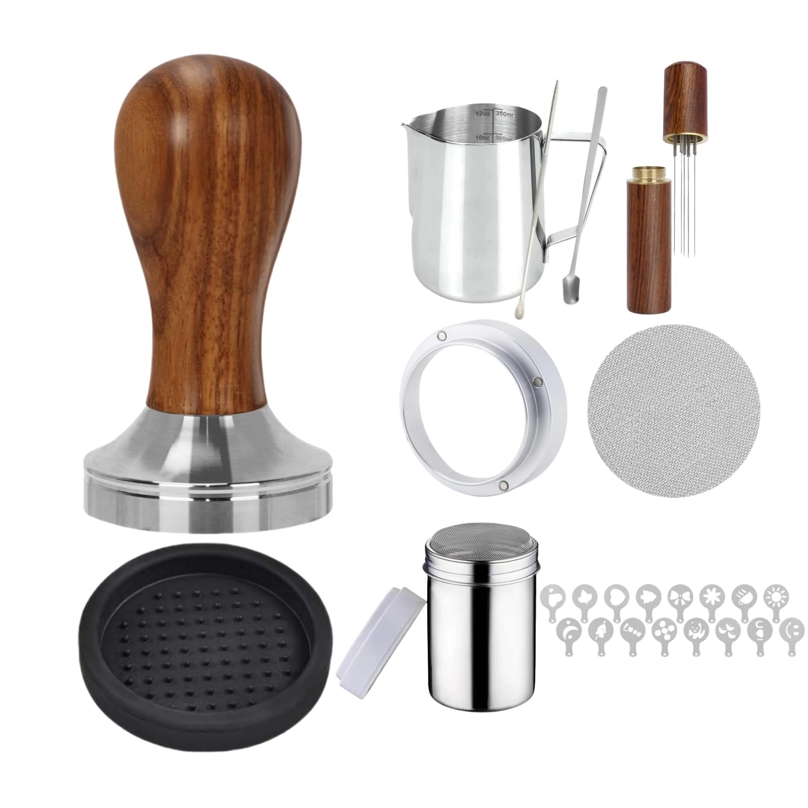 51mm Coffee Tamper + WDT Tool + Stirrer - 13.3cm + Frothing Pitcher - 350ml + Latte Art Pen - 13.5cm + Tamper Mat + Stencils - 16pcs + Dosing Funnel + Coffee Sifter Sprinkler Powder