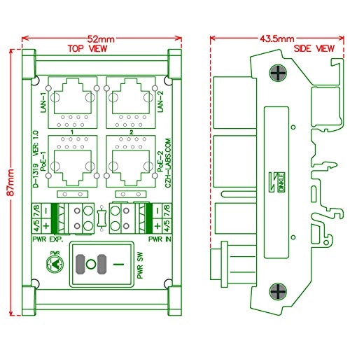 DIN Rail Mount Passive RJ45 PoE Power Injection Board - 12VDC - 60VDC 2 ports 10/100Mbps