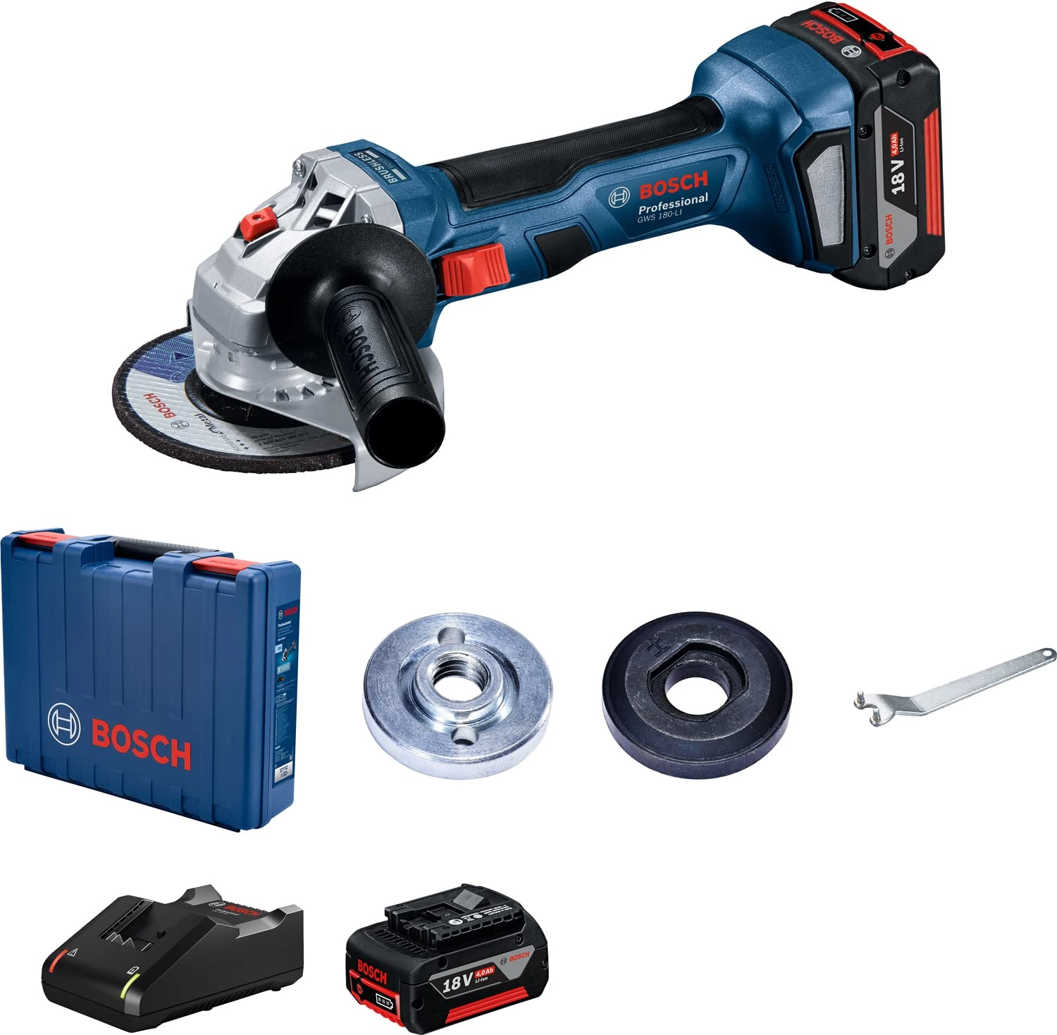 Bosch, Bosch Ltd., Post Box No: 3000, Hosur Road, Adugodi, Bangalore - 560030, India, Customer care #18004258665 GWS 180-LI - 11,000 rpm + GBA 18V 4.0Ah - 2x + GAL 18V-40 Professional