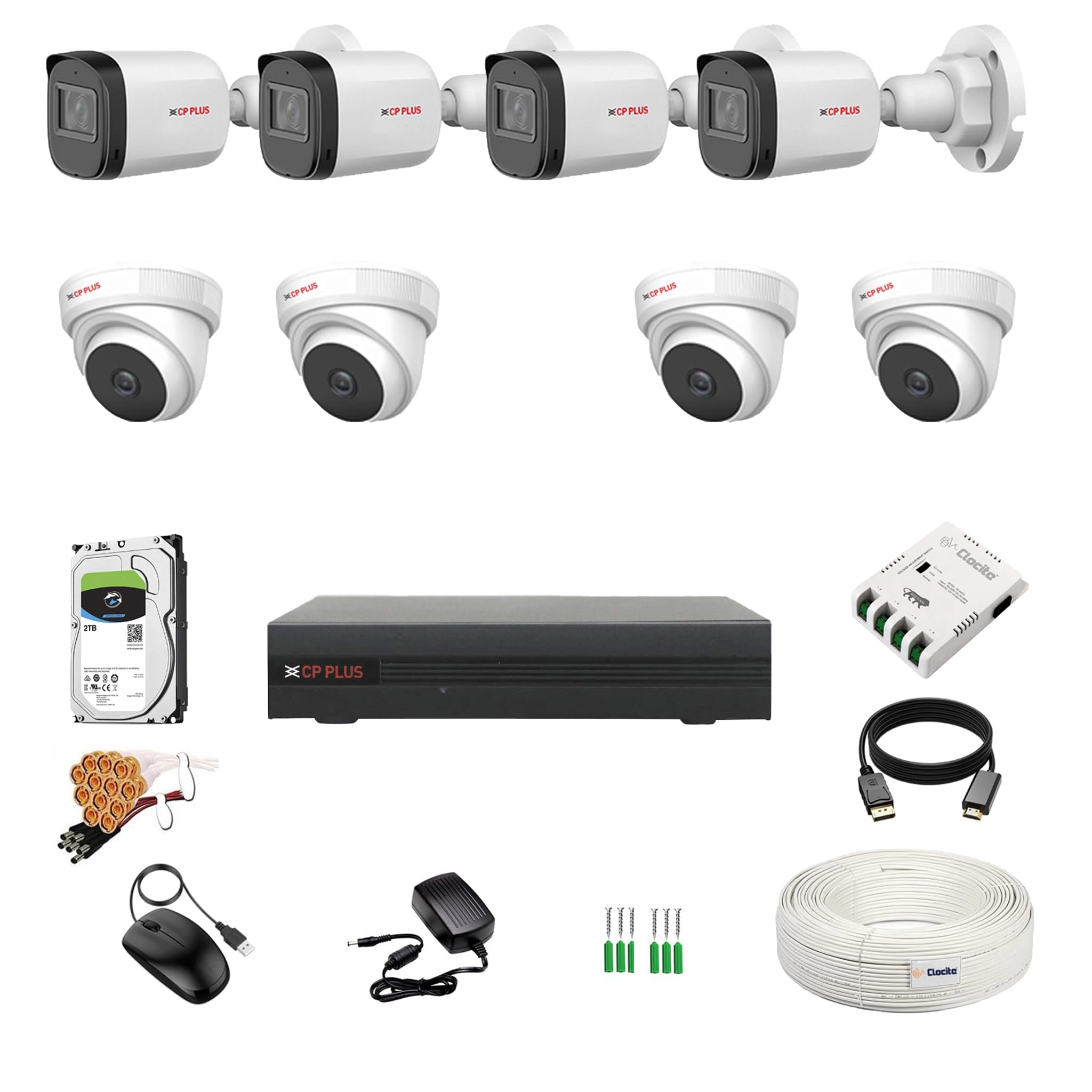 CP Plus 8 Channel DVR + 2.4MP Dome & Bullet Camera + 2TB HDD + CCTV Coaxial Cable Roll + 8 CH Power Supply + BNC & DC Connectors Kit