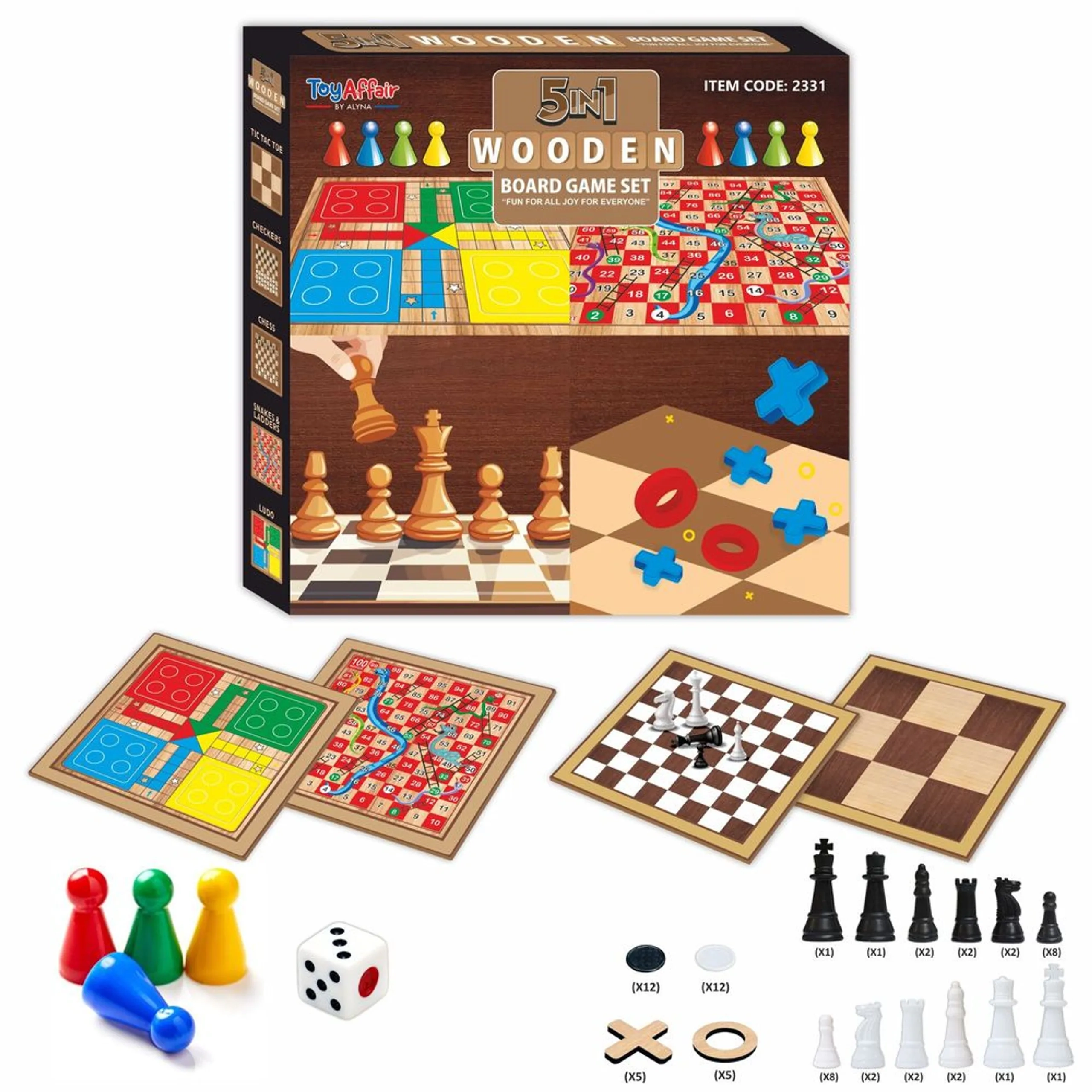 5-In-1 Wooden Board Game Set - Suitable for 6 years & above